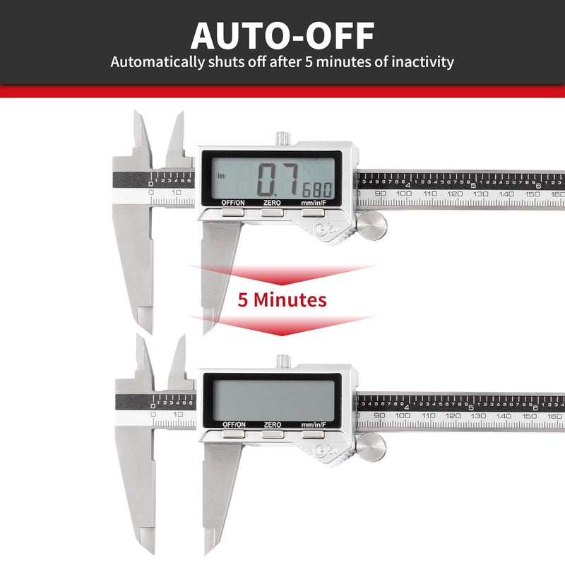 UNIPEC 8 Inch/ 200mm IP54 Grade Stainless Steel Digital Caliper & Stainless Steel Rule, Inch/Millimeter/Fraction Conversion, Large LCD Screen - Image 5